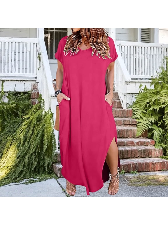 Women Plus Size Maxi Dresses Round Neck Short Sleeve High Low Hem Flowy Casual Solid Beach Sundresses for Summer Vacation Outfits, Hot Pink 2XL