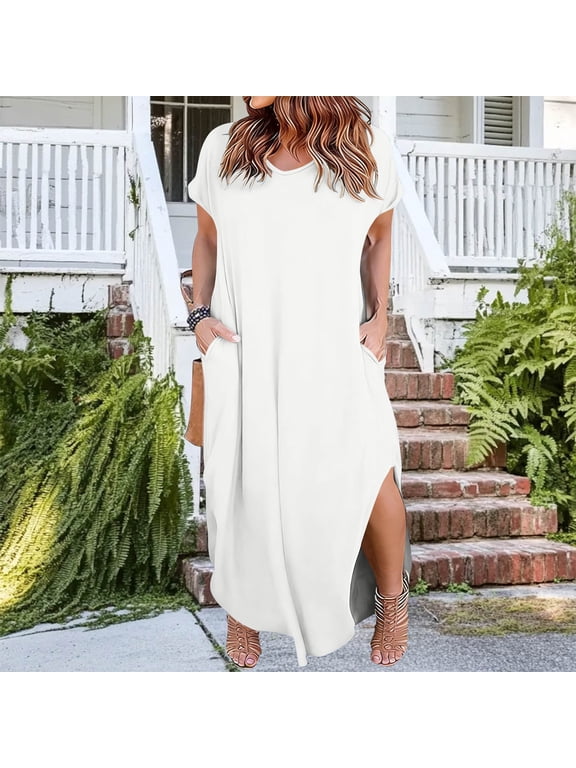 Women Plus Size Maxi Dresses Round Neck Short Sleeve High Low Hem Flowy Casual Solid Beach Sundresses for Summer Vacation Outfits, White 3XL
