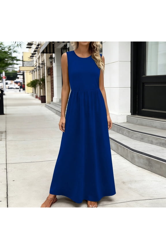 Women Plus Size Maxi Dresses Sleeveless Round Neck High Low Hem Flowy Boho Casual Long Beach Dresses Solid Summer Vacation Outfits, Blue S