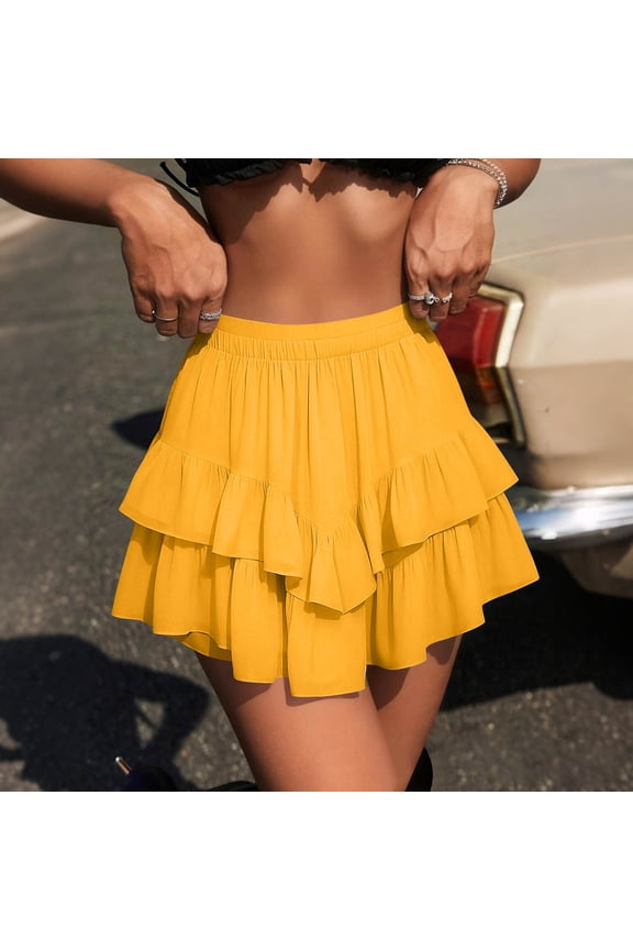 Women Plus Size Mini Ruffle Layered Skirt Casual Boho Summer Beach Vacation Holiday Travel A-Line Elastic High Waist Mini Skirt, Yellow M