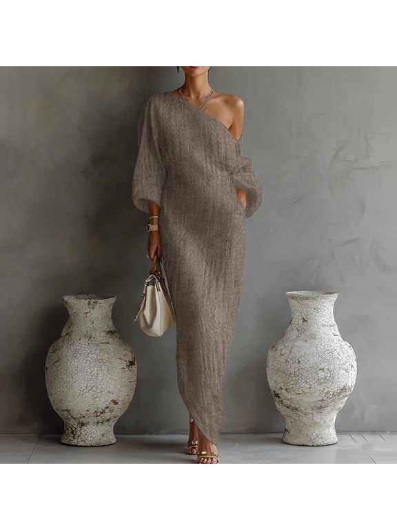 Women Plus Size Off Shoulder 3/4 Sleeve High Low Flowy Maxi Dress Boho Casual Long Party Dresses for Summer Beach, Khaki M