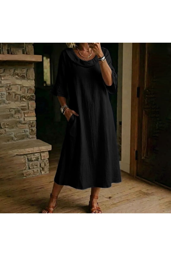 Women Plus Size Round Neck 3/4 Sleeve Boho Flowy Casual Loose Maxi Dress Solid A-Line Long Party Dresses with Pockets, Black 2XL