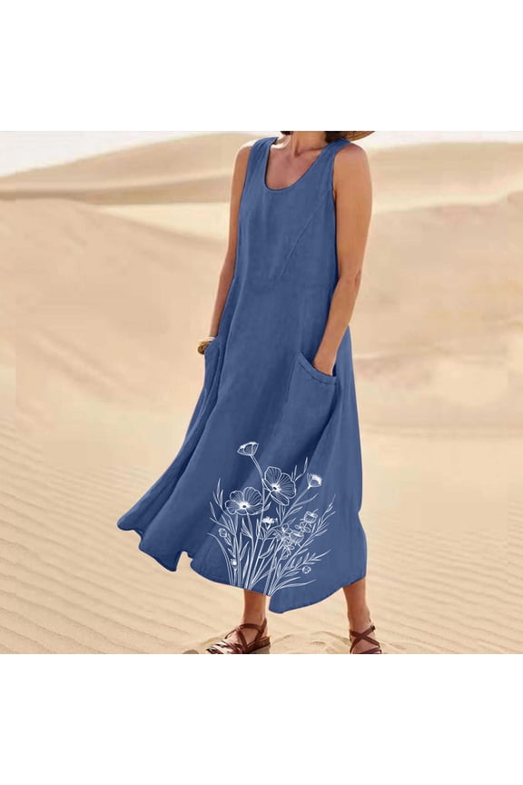 Women Plus Size Round Neck Sleeveless Embroidery Boho Casual Loose Maxi Holiday Dresses, Blue 5XL