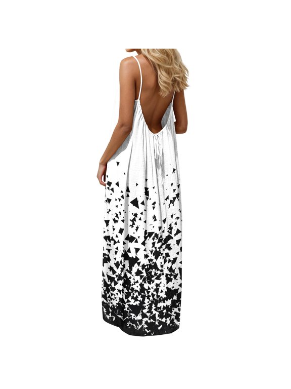 Women Plus Size Spaghetti Strap Cami Boho Maxi Dress Tie Geometric Flowy Casual Beach Vacation Long Sundress Outfits, White M