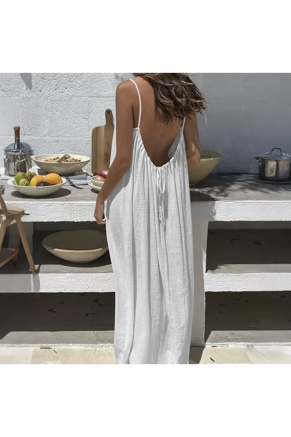 Women Plus Size Spaghetti Strap Cami Maxi Dress Tie Boho Flowy Long Dresses Casual Beach Vacation Loose Solid, White 4XL