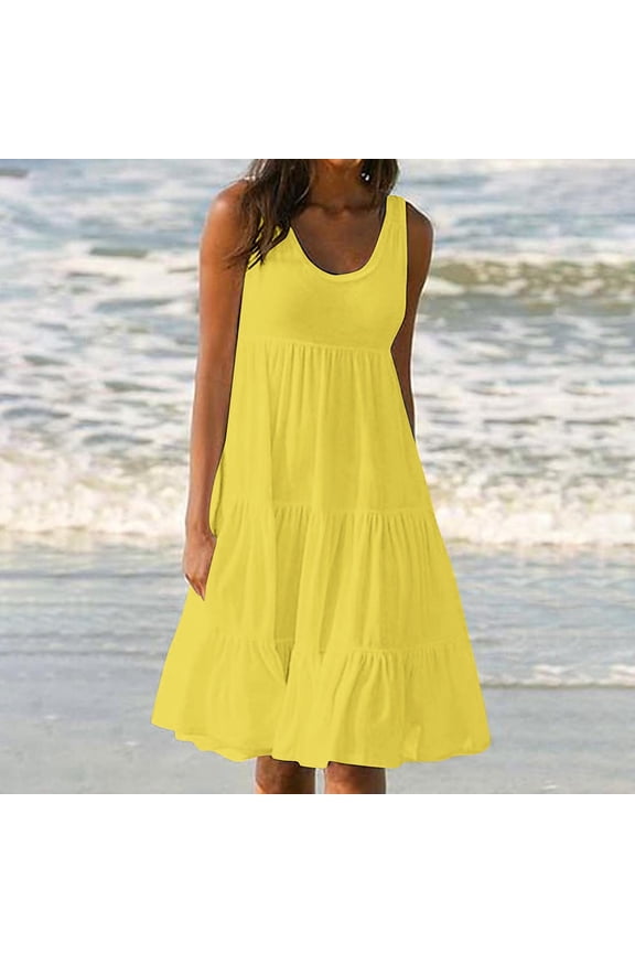 Women Plus Size Summer Boho Flowy Mini Dresses Sleeveless Round Neck Ruffle A-Line Swimwear Beach Vacation Party Sundresses, Yellow 3XL