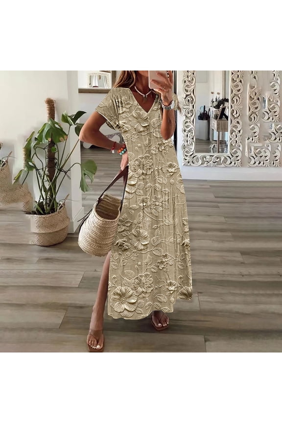 Women Plus Size Summer V Neck Short Sleeve Boho Maxi Dress Embroidered Flowy Casual Beach Vacation Church Sundresses, Multicolor 2XL
