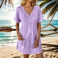 thumbnail image 1 of Uscallm Women Plus Size Summer V Neck Short Sleeve Mini Boho Dresses Loose Fit Casual Beach Solid Sundresses Vacation Party Graduation Outfits, Purple M, 1 of 7