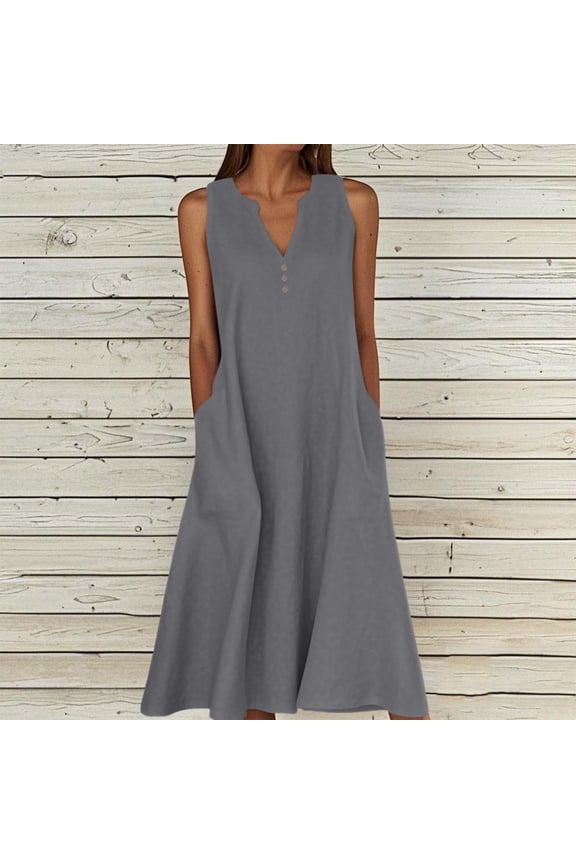 Women Plus Size Summer V Neck Sleeveless Boho Flowy A-Line Midi Dress Loose Fit Casual Maxi Party Vacation Beach Sundress, Dark Gray 3XL