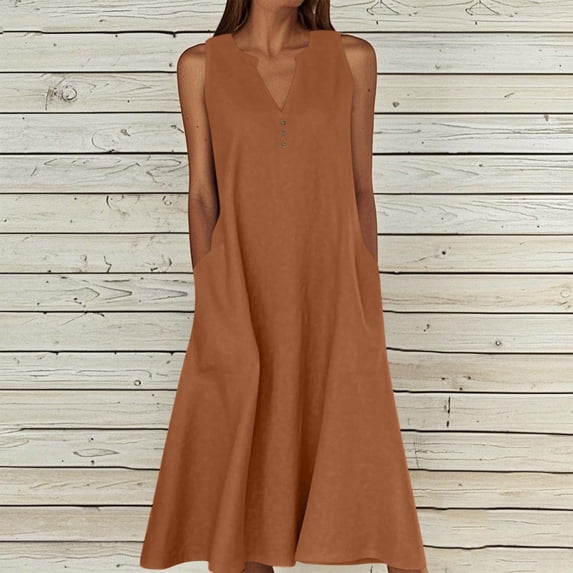 Uscallm Women Plus Size Summer V Neck Sleeveless Boho Flowy A-Line Midi Dress Loose Fit Casual Maxi Party Vacation Beach Sundress, Orange 4XL