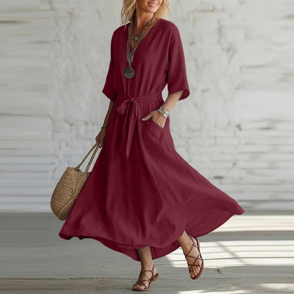 Uscallm Women Plus Size V Neck 3/4 Sleeve Tie Flowy Boho Maxi Dresses for Women Solid A-Line Long Casual Travel Dresses, Wine 3XL