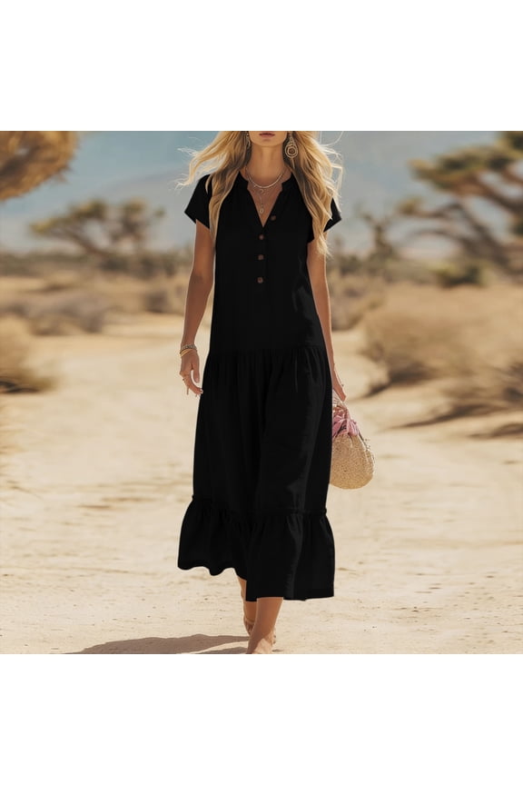 Women Plus Size V Neck Short Sleeve Button Down Ruffle Flowy Midi Dress Casual Boho Beach Vacation Maxi Sundress Loose, Black 2XL