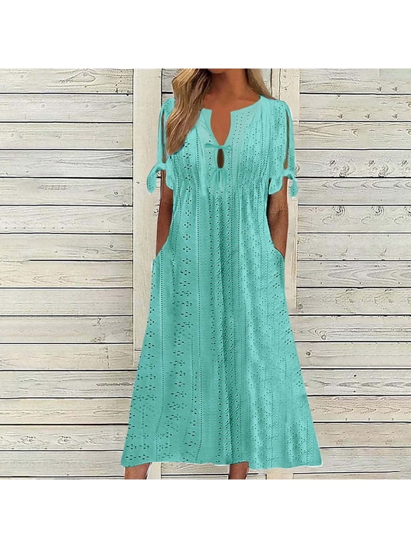 Women Plus Size V Neck Short Sleeve Eyelet Boho Flowy A-Line Maxi Dress Casual Solid Beach Vacation Long Dresses, Sky Blue XL