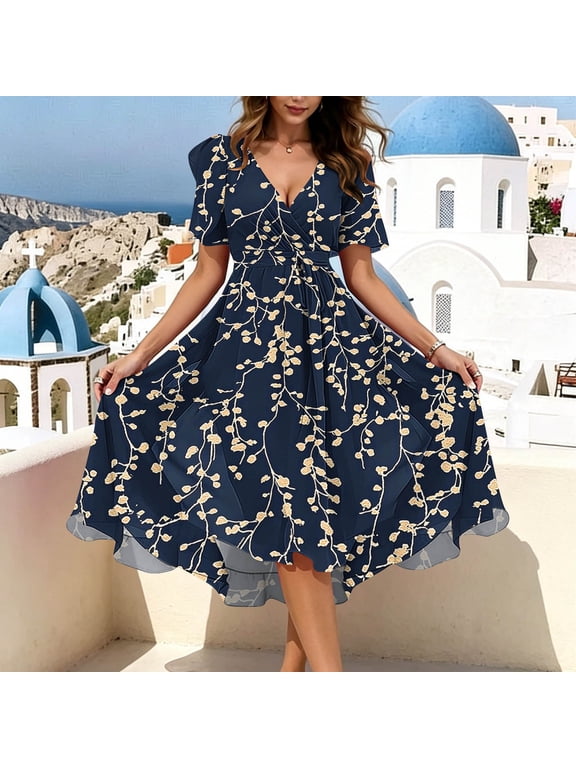 Women Plus Size V Neck Short Sleeve High Low Floral Boho Beach A-Line Midi Dresses Lightweight Flowy Swing Summer Vacation Sundresses, Navy 2XL