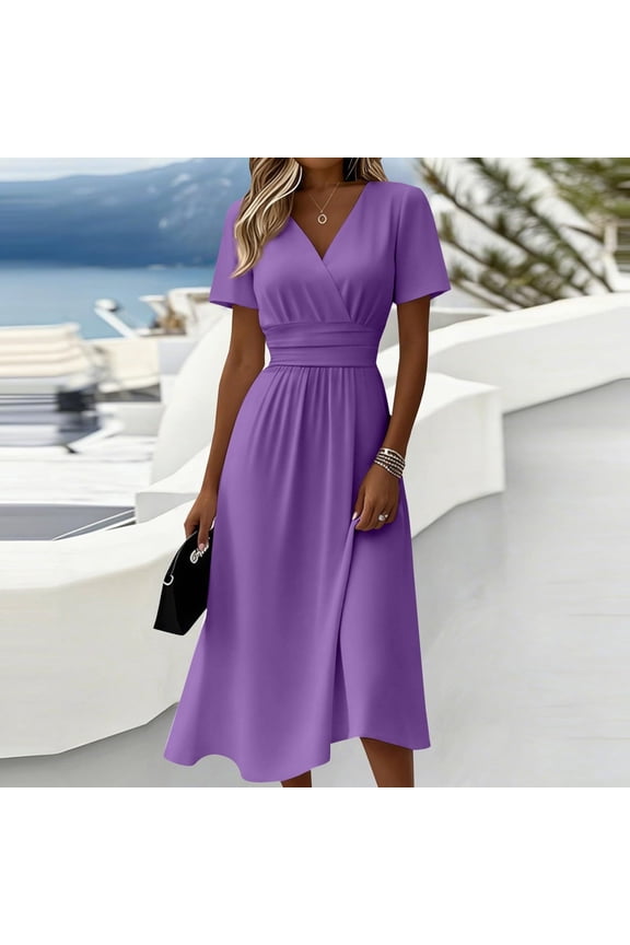 Women Plus Size V Neck Short Sleeve High Low Wrap Midi Dress Casual Elegant Travel Flowy Summer Dresses, Purple M