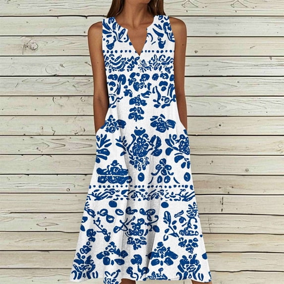 Uscallm Women Plus Size V Neck Sleeveless Boho Floral Flowy Casual A-Line Midi Beach Dresses with Elastic Waist Summer Vacation Sundresses, Light Blue L