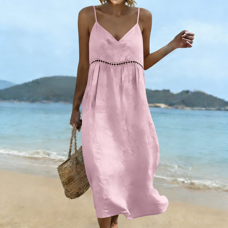plus size pink boho maxi dress Uscallm Women Plus Size V Neck Sleeveless Boho Flowy Spaghetti Strap Maxi  Dress Solid Casual Loose Long Dresses Beach, Pink XL