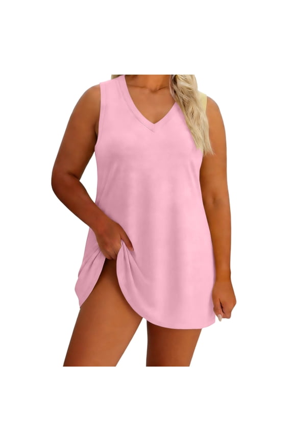 Women Plus Size V Neck Sleeveless Mini Dresses Solid Casual Basic Party Dresses, Pink 3XL