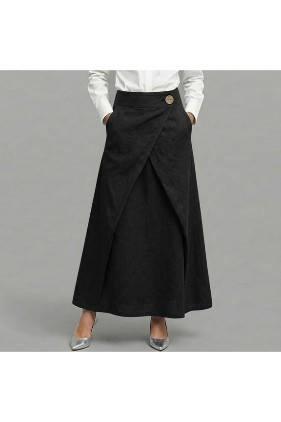 Women Plus Size Wrap Button Down Boho Maxi Skirt A-Line Long Skirt Party Floral Casual, Black 2XL