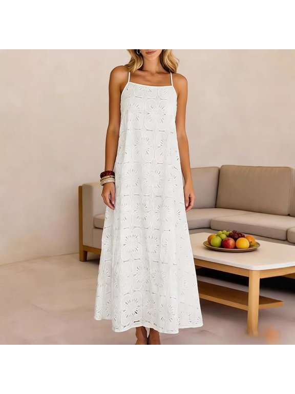 Women Square Neck Sleeveless Lace Maxi Dress Flowy Boho Casual Beach Vacation Summer Sundresses for Women Loose Fit Party Clothes, White XL