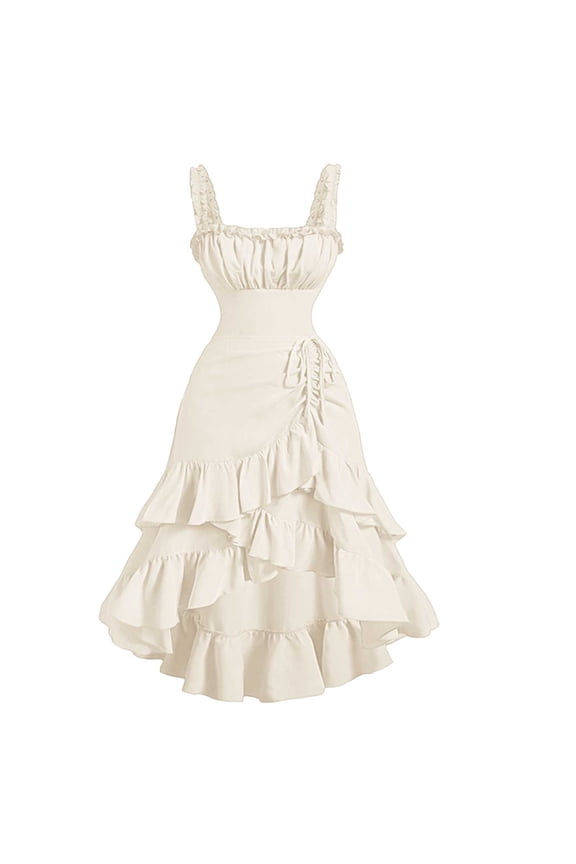 Women Square Neck Sleeveless Midi Dresses Summer Casual Ruffle Boho A-Line Flowy Vacation Beach Party Sundresses Loose Fit Clothes, Beige S