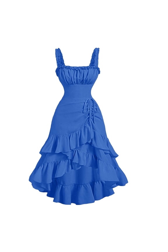 Women Square Neck Sleeveless Midi Dresses Summer Casual Ruffle Boho A-Line Flowy Vacation Beach Party Sundresses Loose Fit Clothes, Blue M