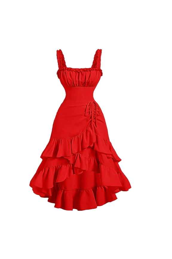 Women Square Neck Sleeveless Midi Dresses Summer Casual Ruffle Boho A-Line Flowy Vacation Beach Party Sundresses Loose Fit Clothes, Red L
