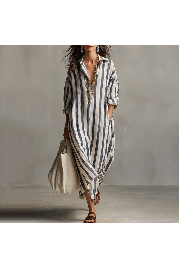 Women Striped Maxi Dress Long Sleeve Collared Flowy Casual Boho Beach Vacation Travel Loose Dresses Summer Sundresses Clothes Travel Outfits, Blue M