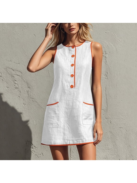 Women Summer Casual Mini Dress Sleeveless Round Neck Button Down Boho A-Line Swing Beach Vacation Sundress Flowy Loose Fit Clothes, White S