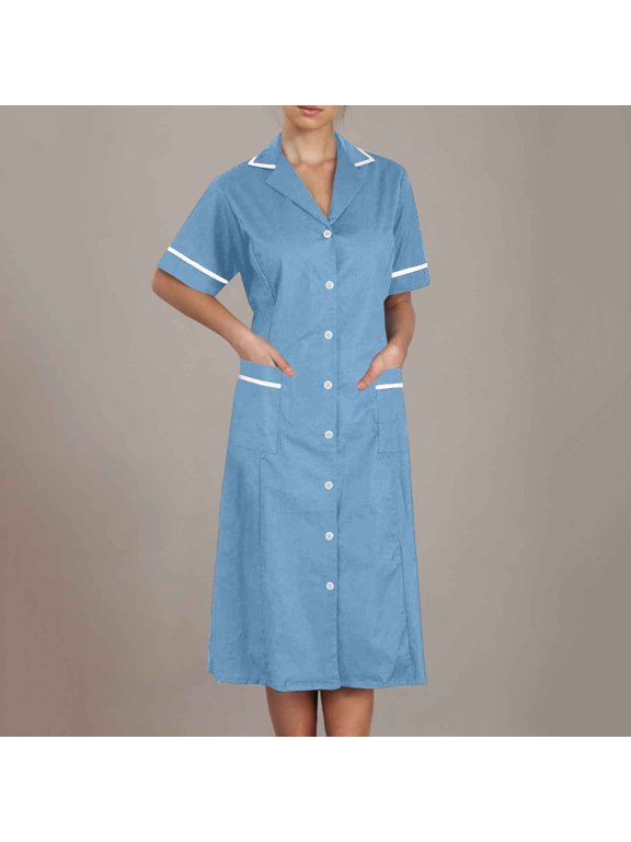 Women Summer Collared Short Sleeve Button Down Casual Mini Travel Dresses Basic Vacation Beach Party Sundresses, Light Blue L