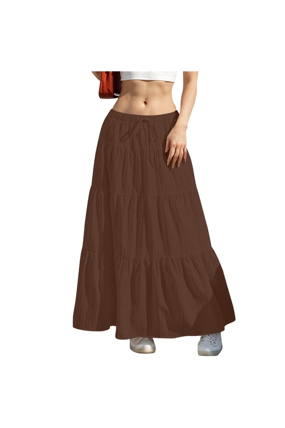 Women Summer Maxi Skirt Loose Fit Boho Flowy Tie Solid Casual Long Dressy Vacation Beach Party Skirts, Brown 2XL