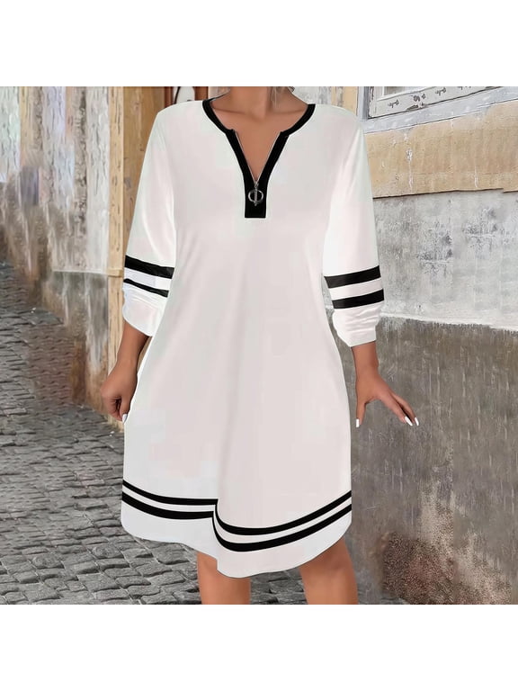 Women Summer Plus Size 3/4 Sleeve V Neck Zip Casual Mini Dress Loose Fit Boho Solid Travel Vacation Beach Day Out Sundress, White S