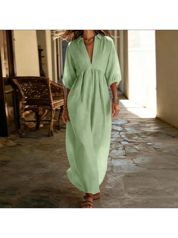 Women Summer Plus Size Maxi Dresses 3/4 Sleeve Collared Solid Casual Flowy Beach Vacation Long Dresses Loose Fit Swing Sundresses Graduation Outfits, Mint Green 2XL
