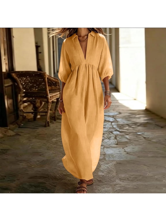 Women Summer Plus Size Maxi Dresses 3/4 Sleeve Collared Solid Casual Flowy Beach Vacation Long Dresses Loose Fit Swing Sundresses Graduation Outfits, Yellow L