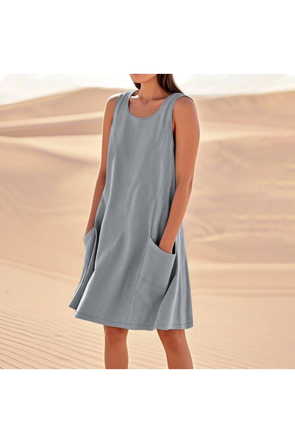 Women Summer Plus Size Round Neck Sleeveless Boho Flowy A-Line Mini Casual Dresses Solid Basic Vacation Beach Swing Loose Sundresses, Dark Gray XL