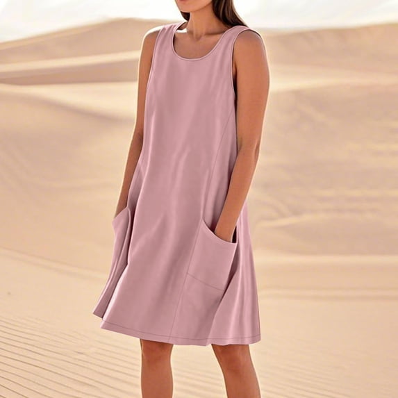 Uscallm Women Summer Plus Size Round Neck Sleeveless Boho Flowy A-Line Mini Casual Dresses Solid Basic Vacation Beach Swing Loose Sundresses, Wine M