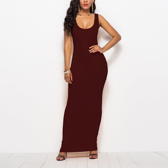 Uscallm Women Summer Plus Size Sleeveless Round Neck Maxi Dress Solid Casual Elegant Bodycon Long Vacation Beach Party Sundress, Wine 2XL