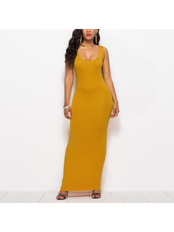 Women Summer Plus Size Sleeveless Round Neck Maxi Dress Solid Casual Elegant Bodycon Long Vacation Beach Party Sundress, Yellow S