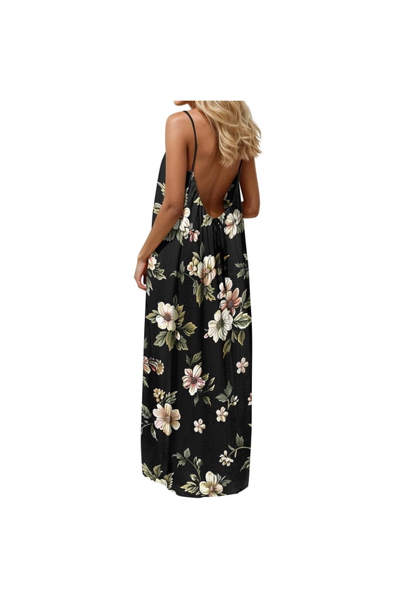 Women Summer Plus Size Spaghetti Strap Cami Boho Floral Flowy Maxi Dress Backless Beach Vacation Casual Long Dresses, Black XL