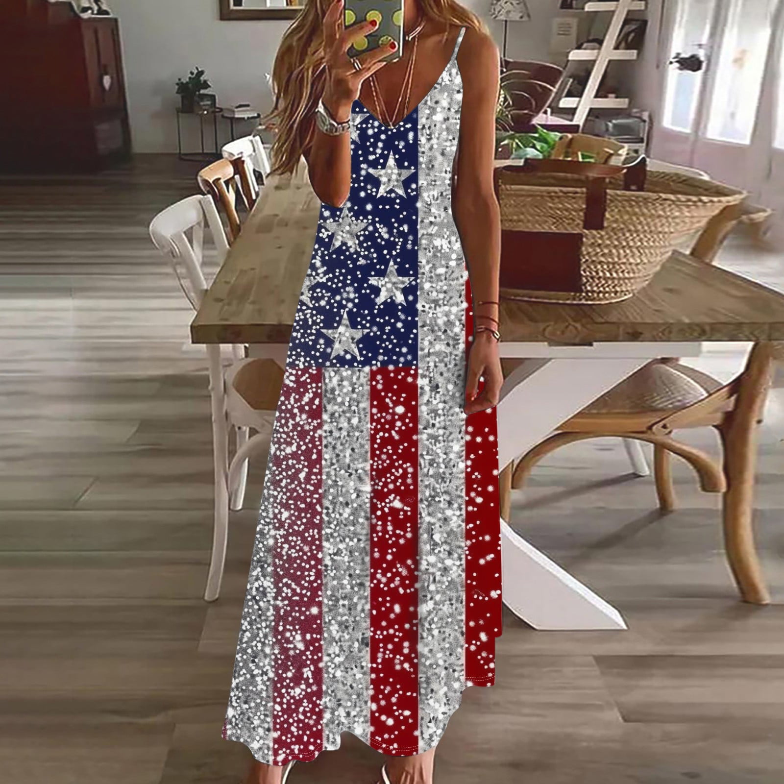 Uscallm Women Summer Plus Size V Neck Sleeveless Sequins Boho American Flag Maxi Dress Casual Beach Vacation Holiday Formal A-Line Long Dresses, 