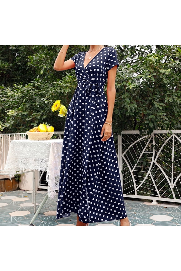 Women Summer Polka Dot V Neck Short Sleeve Maxi Dress Tie Boho Flowy Swing Casual Beach Party Vacation Sundresses, Navy L