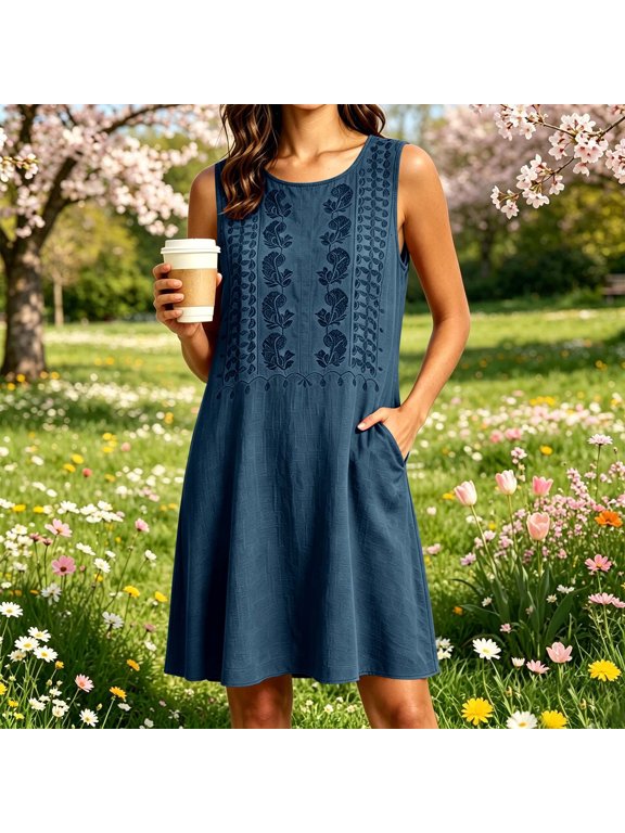 Women Summer Round Neck Sleeveless Embroidery Boho A-Line Mini Dresses Casual Flowy Swing Vacation Beach Party Sundresses, Navy S