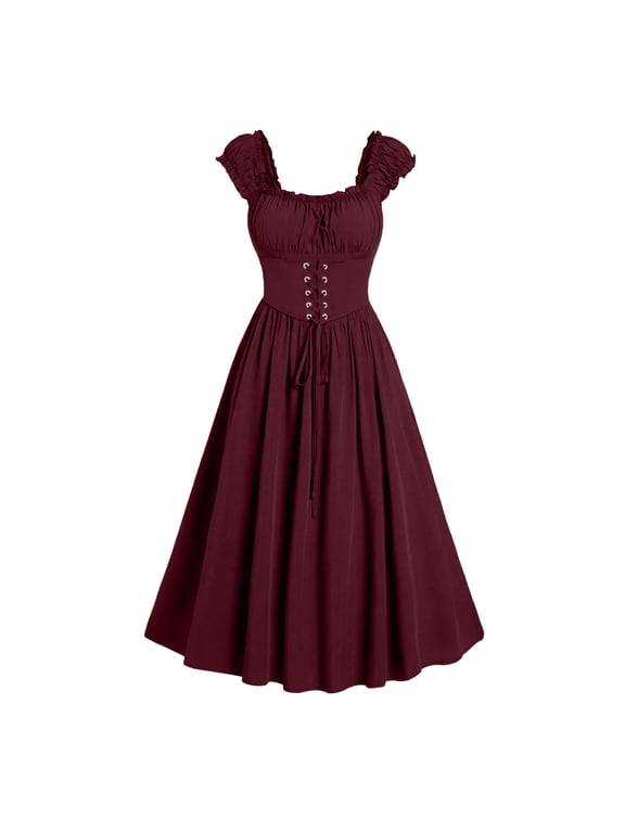 Women Summer Square Neck Cap Sleeve Tie Ruched Boho A Line Midi Dresses Casual Vintage Regular Fit Travel Vacation Beach Sundresses, Wine XL