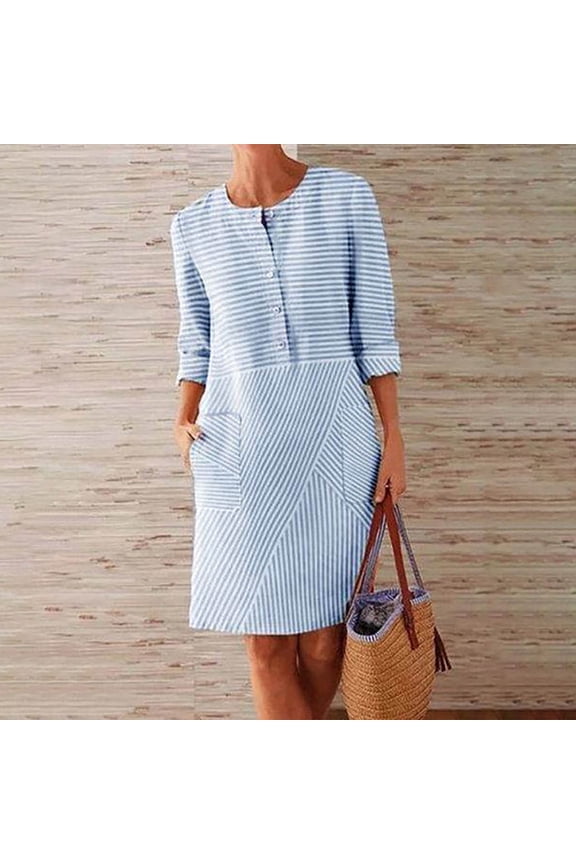 Women Summer Striped Mini Shirt Dress Loose Fit 3/4 Sleeve Round Neck Button Down Boho Casual Beach Vacation Daily Wear Shift Dresses, Sky Blue XL