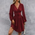 thumbnail image 1 of Uscallm Women Summer V Neck Long Sleeve Ruched Wrap Mini Dresses Casual Elegant Vacation Party Wedding Guest Sundresses Beach Formal Outfits, Wine M, 1 of 9
