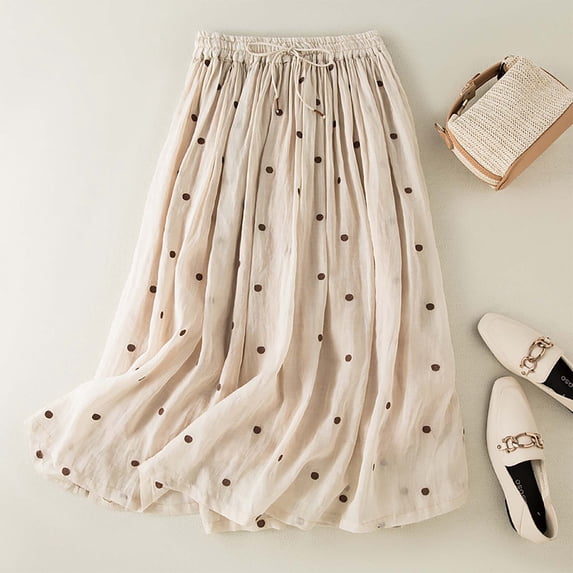 Uscallm Women's A-Line Polka Dot Boho Flowy Midi Skirts Casual Elastic Waist Flared Holiday Beach Skirt, Beige L