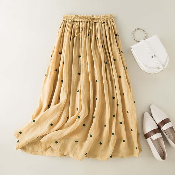 Uscallm Women's A-Line Polka Dot Boho Flowy Midi Skirts Casual Elastic Waist Flared Holiday Beach Skirt, Yellow XL