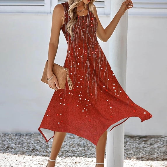 Uscallm Women's Casual Maxi Dresses Round Neck Sleeveless High Low Hem Printed Boho Lightweight Long Vacation Beach Sundresses, Red XL