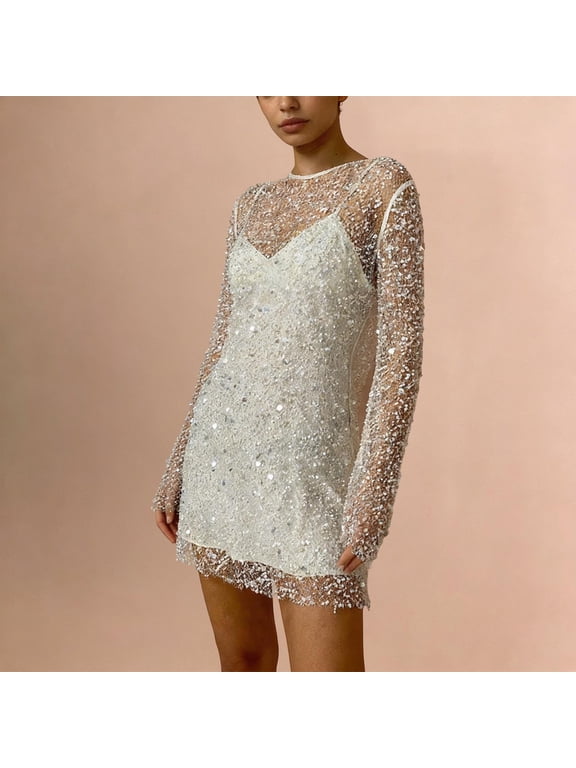 Women's Elegant Party Mini Dress Round Neck Long Sleeve Sequin Mesh Night Cocktail Bodycon Clubwear, White M