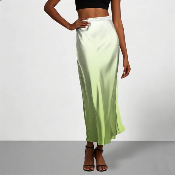 Uscallm Women's Maxi Satin Gradient Boho Casual Flowy Long Holiday Skirt Lightweight Pleated A-Line Beach Skirt, Green L